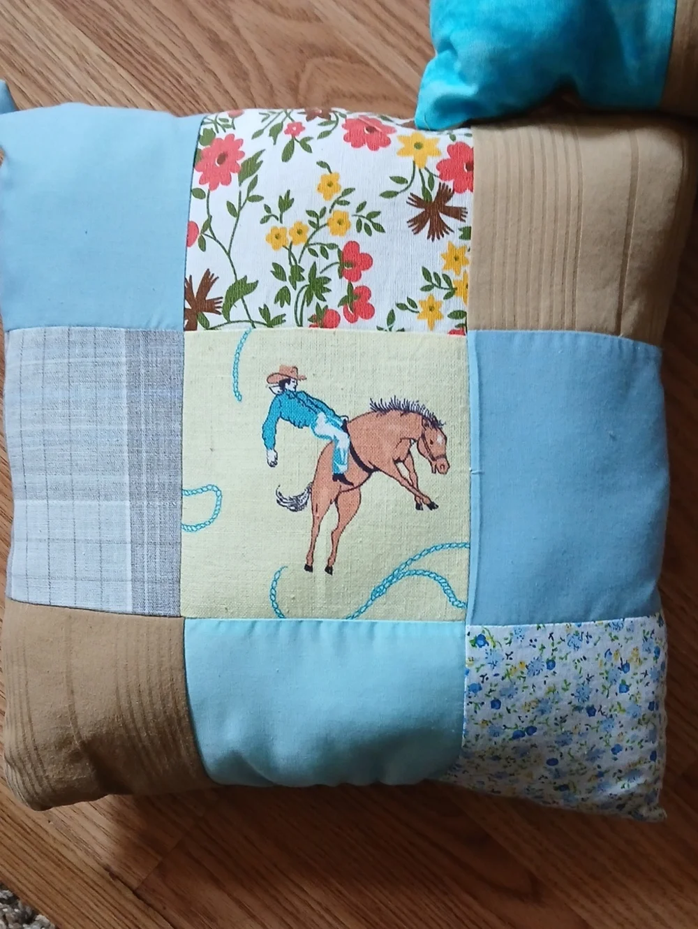 Patchwork Cowboy Print Holiday Throw Pillow - Blue, Brown, Yellow